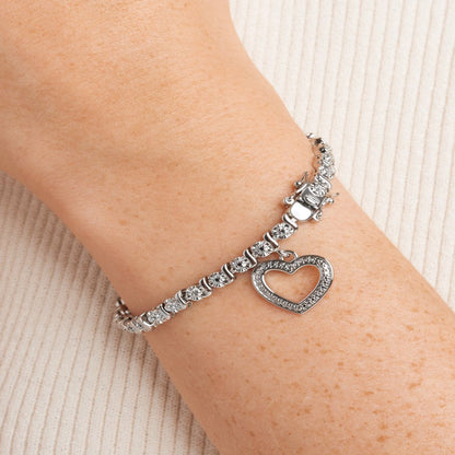 Rhodium Plated Diamond Accent Open Heart Charm Tennis Bracelet, 7.25"