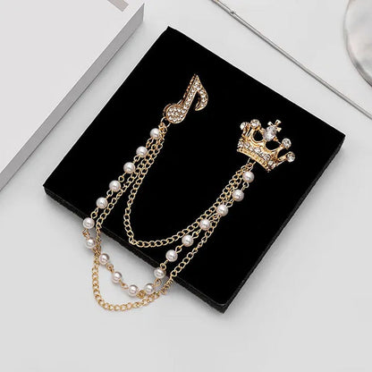 High-End Diamond-Encrusted Crown Note Pearl Tassel Brooch British Suit Pin Colla