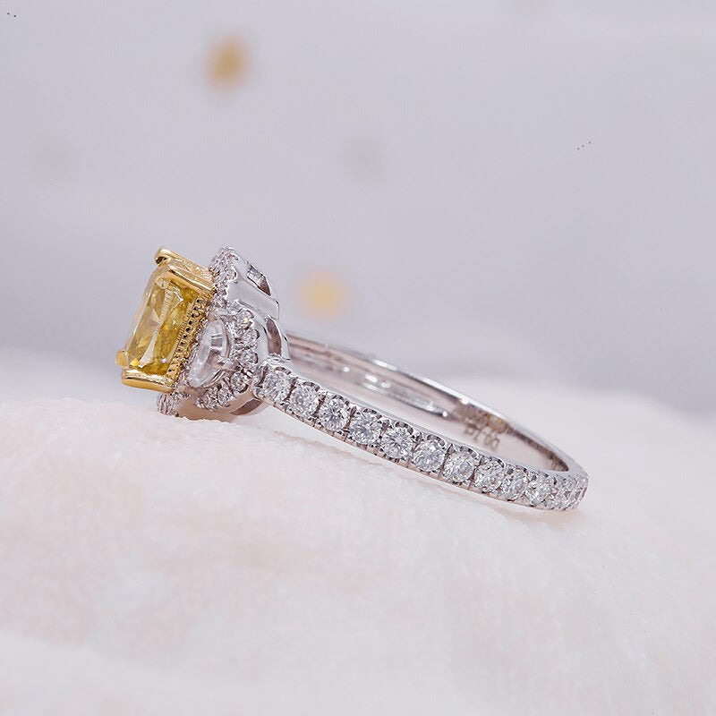 Fancy Yellow Moissanite Cushion Cut Engagement Ring 0.7Ct 5X6Mm for Women Real