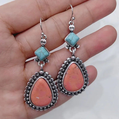 Vintage 925 Sterling Silver Natural Gemstone Pink Turquoise Earrings Woman Fashi