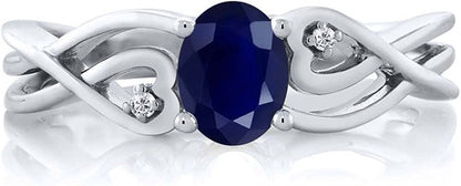 925 Sterling Silver Oval Blue Sapphire and White Lab Grown Diamond Women'S 3 Sto