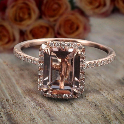 Limited Time Sale: 1.50 Carat Peach Pink Emerald Cut Morganite Diamond Engagemen