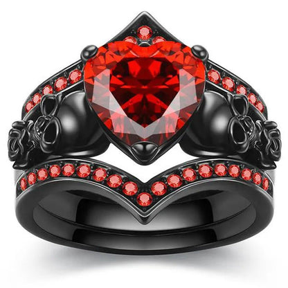 Gothic Black Rose Flower Skull Engagement s Set Red Purple Heart-Shaped Zircon C