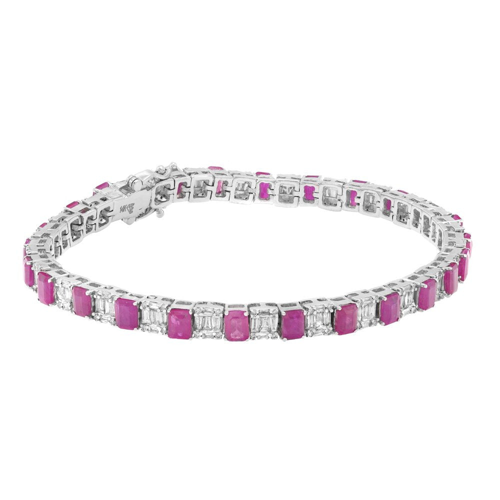 Emerald Cut Ruby and Diamond Tennis Bracelet 14K White Gold 7 Inches