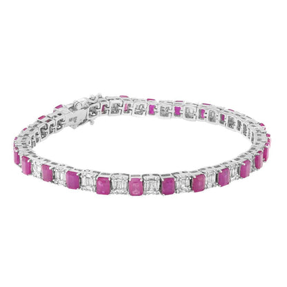 Emerald Cut Ruby and Diamond Tennis Bracelet 14K White Gold 7 Inches
