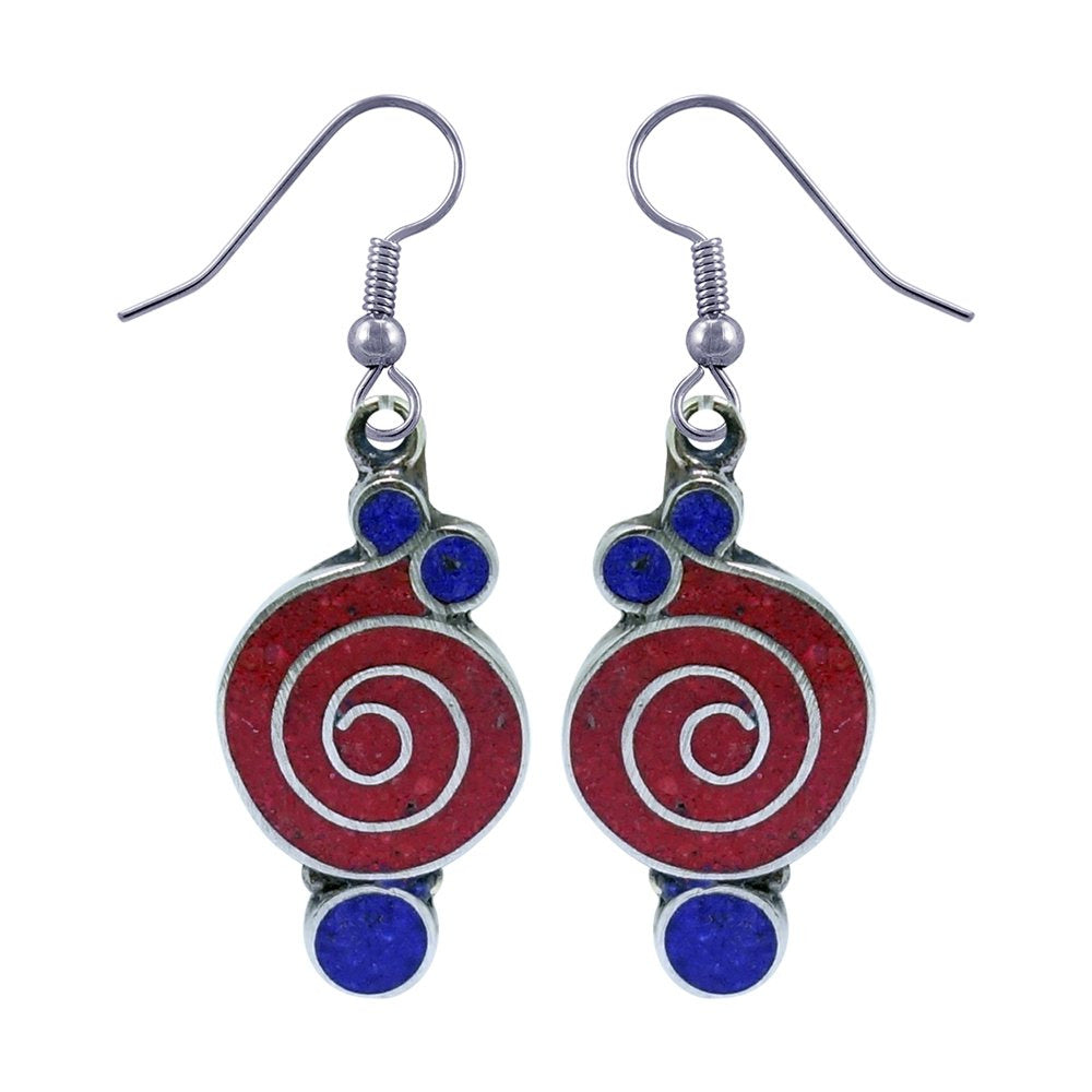 Gorgeous Handmade Compressed Red Coral & Lapis Lazuli Gemstone Inlay Drop Dangle