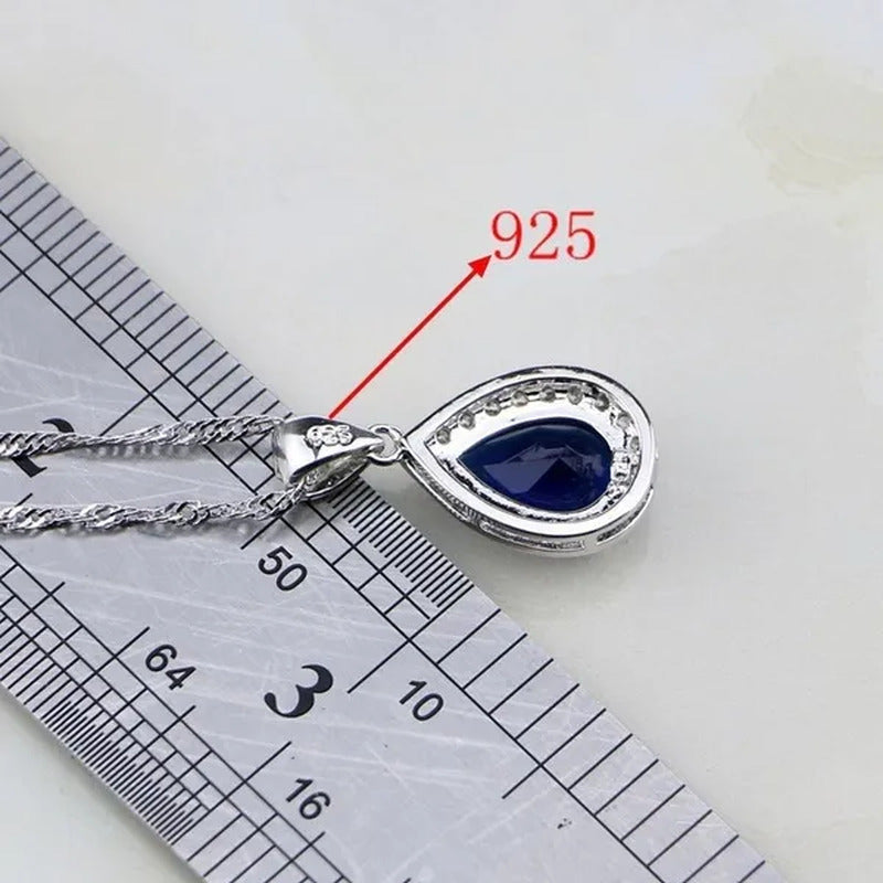 Trendy Water Drop Blue Sapphire White Topaz 925 Sterling Silver Jewelry Sets Wom