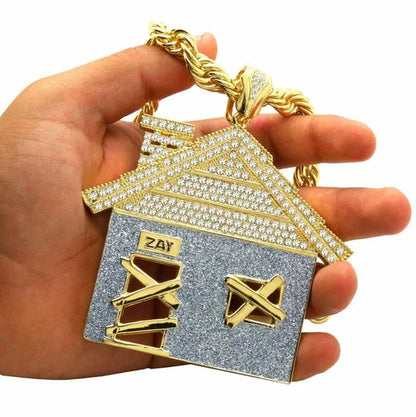 Hip Hop Luxury Diamond Jewelry Mens 14K Gold Plated Huge Trap House Pendant / 10