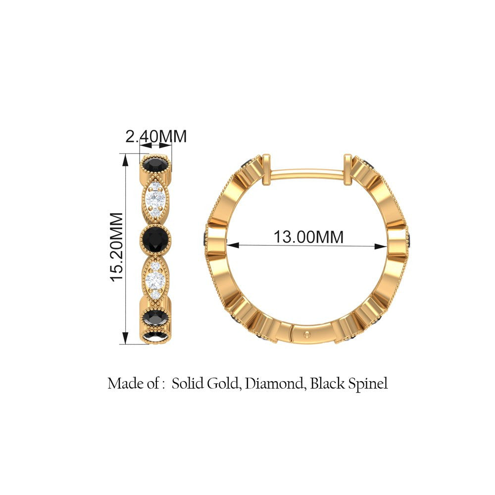 3/4 CT Black Spinel and Diamond Hoop Earrings, Black Spinel Vintage Earrings, Ho