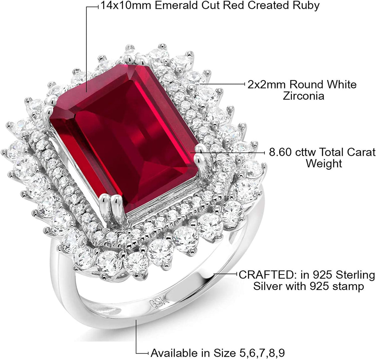 925 Sterling Silver Red Created Ruby Women'S Ring (8.60 Cttw, Emerald Cut 14X10M