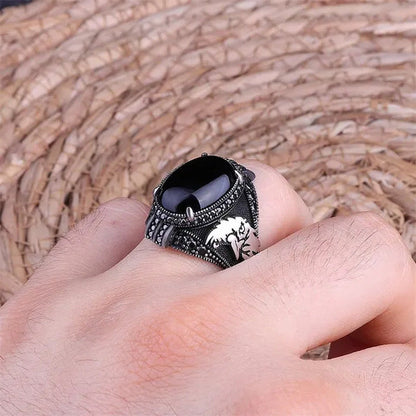 High Quality Men'S Business Ring, Antique Silver Inlaid Black Gemstone and Ruby