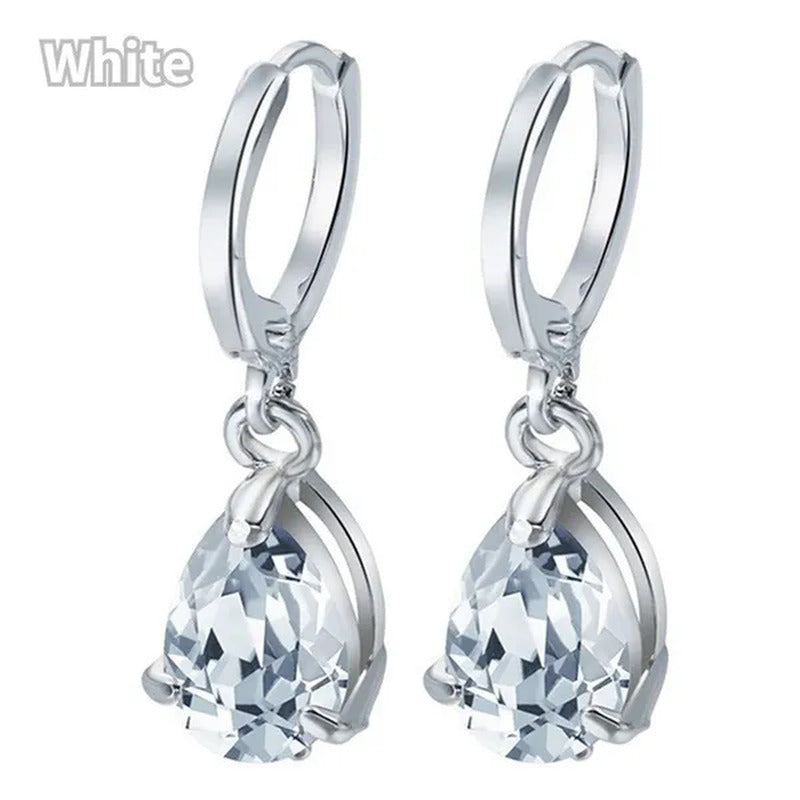 Women Silver Pink Sapphire Diamond Stud Earrings Water Drop Pendant Earrings Bri