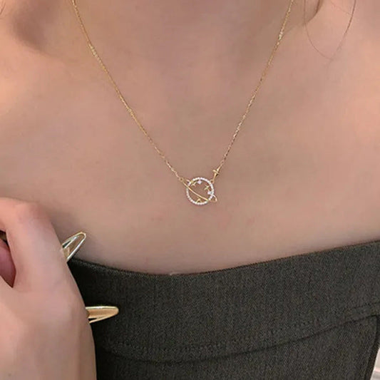 Women Fashion Diamond Hollow Planet Zircon Necklace Clavicle Chain
