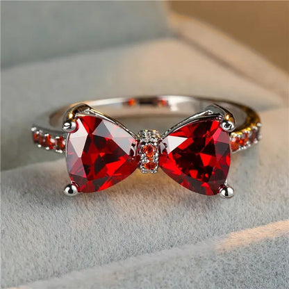 Fashion Women Girl Garnet Red Ruby Bow Ring 18K White Gold Bride Princess Weddin