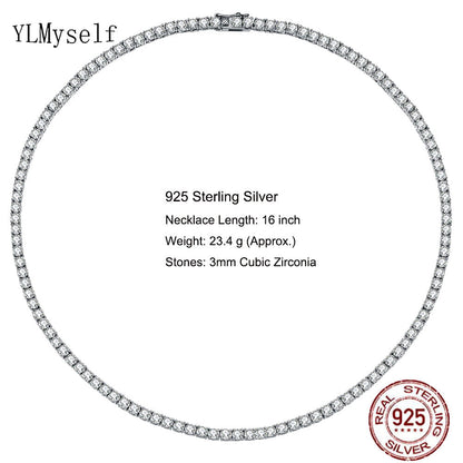 100% Guarantee Real 925 Sterling Silver 41/45/51/56/61CM Tennis Necklace 3/4Mm