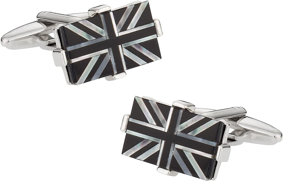 Luxury Mother of Pearl Onyx Black & White Union Jack Flag Cufflinks with Present