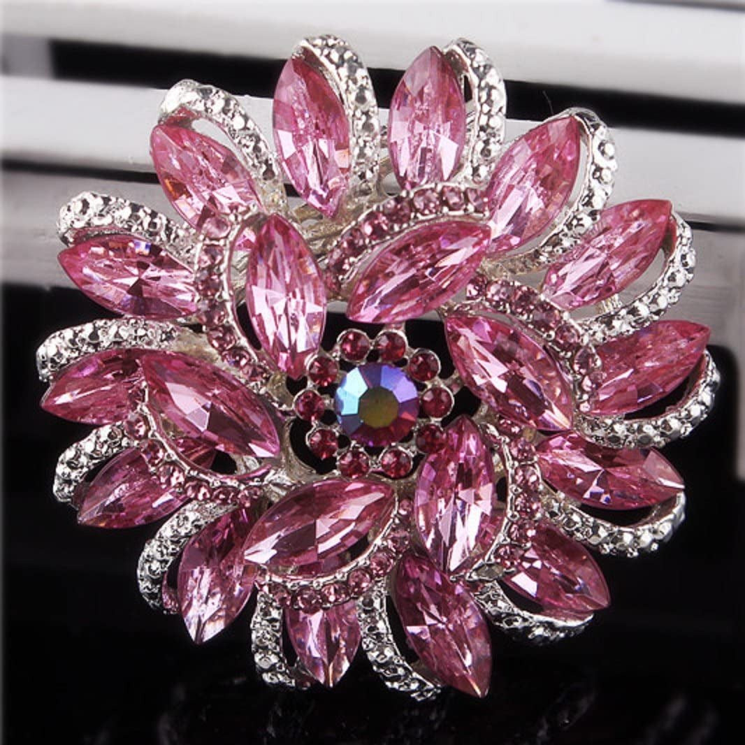Crystal Diamond Flower Brooch Pin for Women Girls Brides (Pink)
