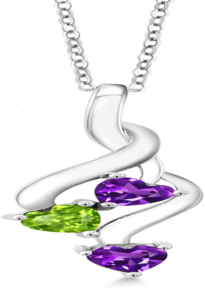 925 Sterling Silver Purple Amethyst and Green Peridot Pendant Necklace for Women