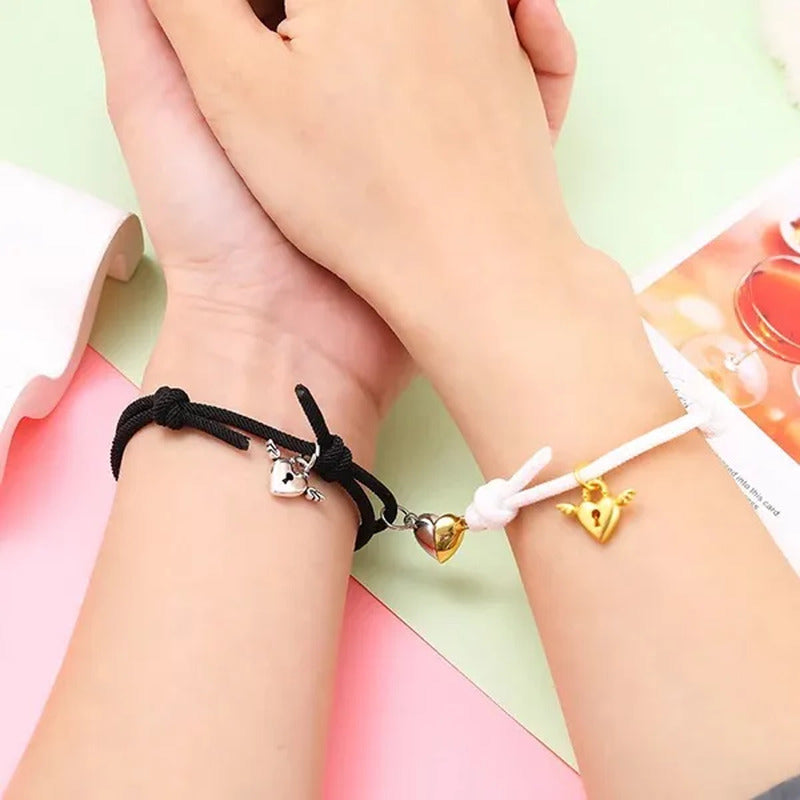 2Pcs Magnetic Bracelet Stainless Steel Heart Pendant Charm Couple Bracelets for