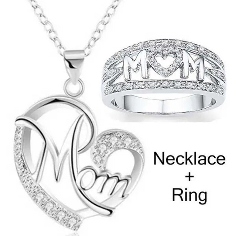 MOM Necklace and Ring Set Zircon Plated 925 Silver Jewelry Set Love Gift for Mot