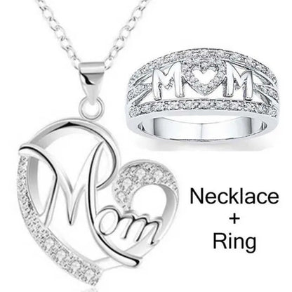 MOM Necklace and Ring Set Zircon Plated 925 Silver Jewelry Set Love Gift for Mot