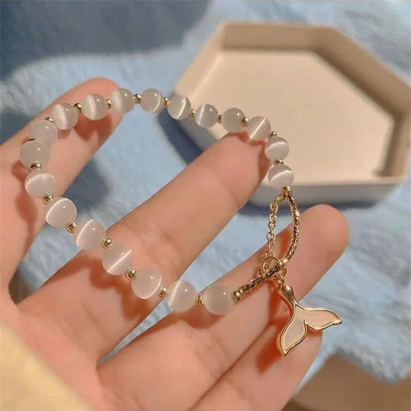 Evil Eye Fish Tail Beaded Bracelets Natural Cat Eye Stone 6 8Mm Opal Bangles Adj