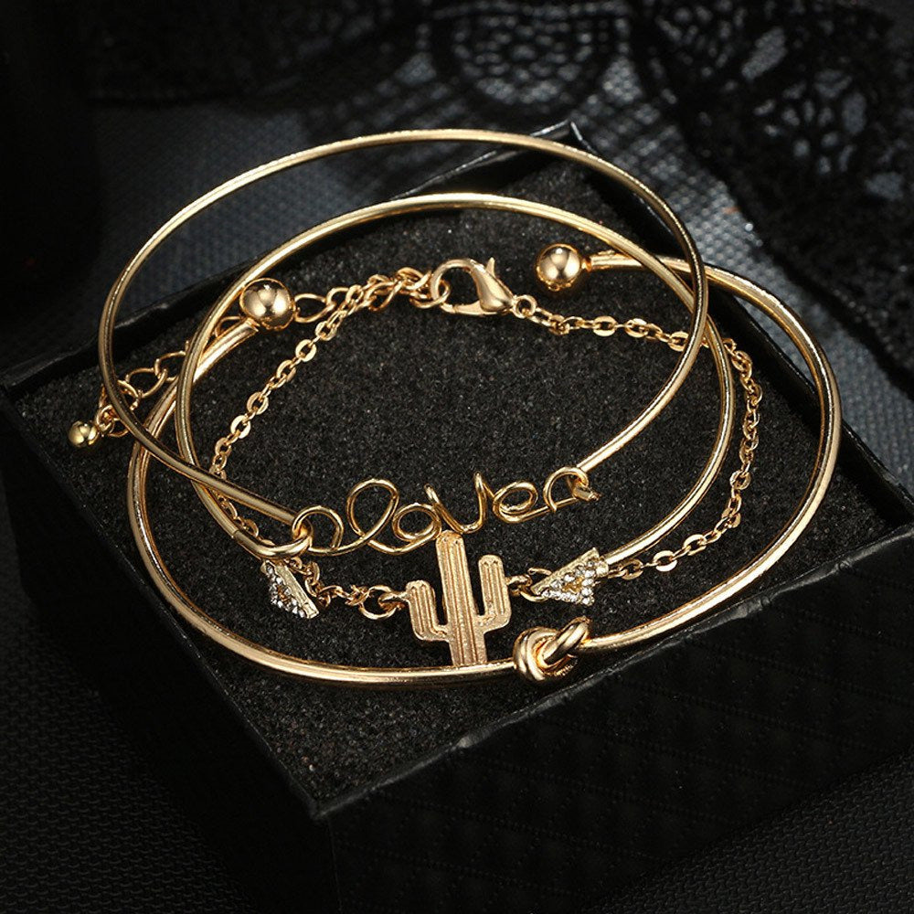 4PC Knot Love Gold Opening Vintage Beautiful Leaf Arrow Bangle Cuff Bracelets Se
