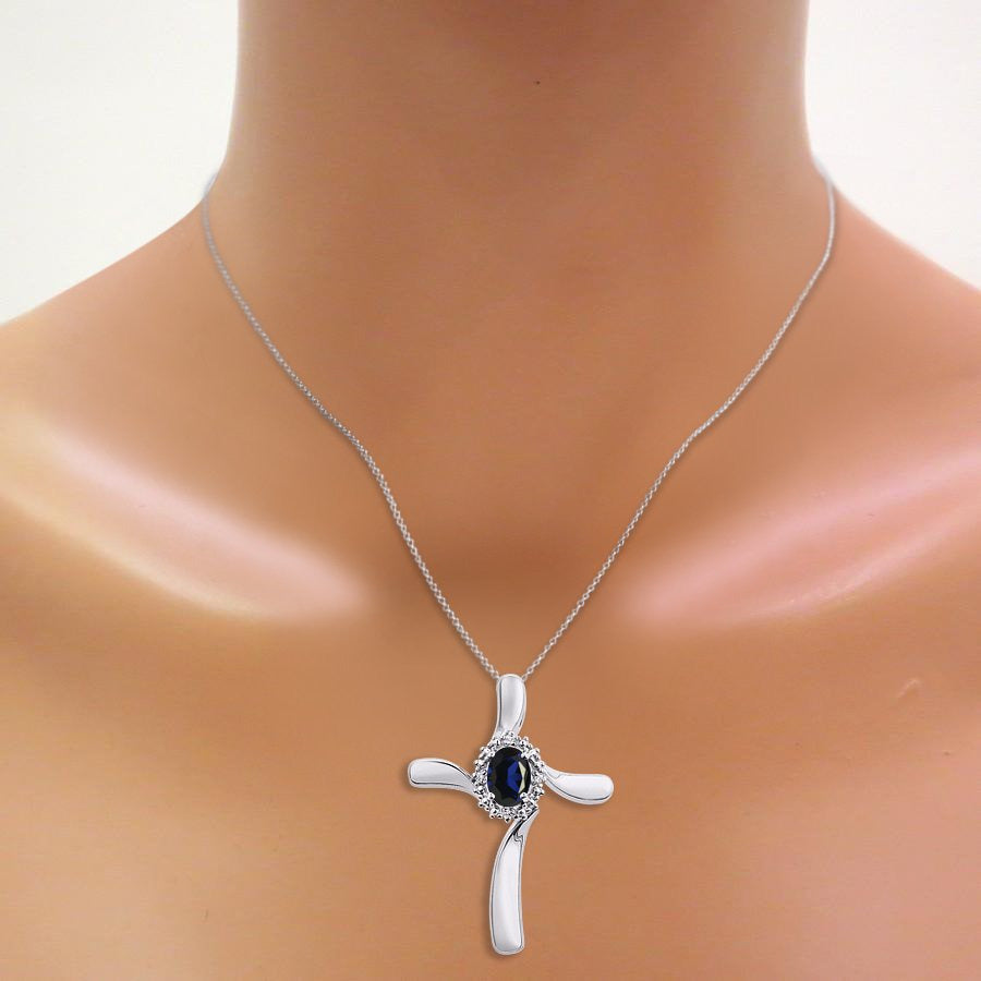 Diamond & Sapphire Cross Pendant Necklace Set in 14K White Gold with 18" Chain