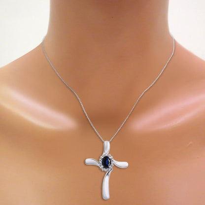 Diamond & Sapphire Cross Pendant Necklace Set in 14K White Gold with 18" Chain