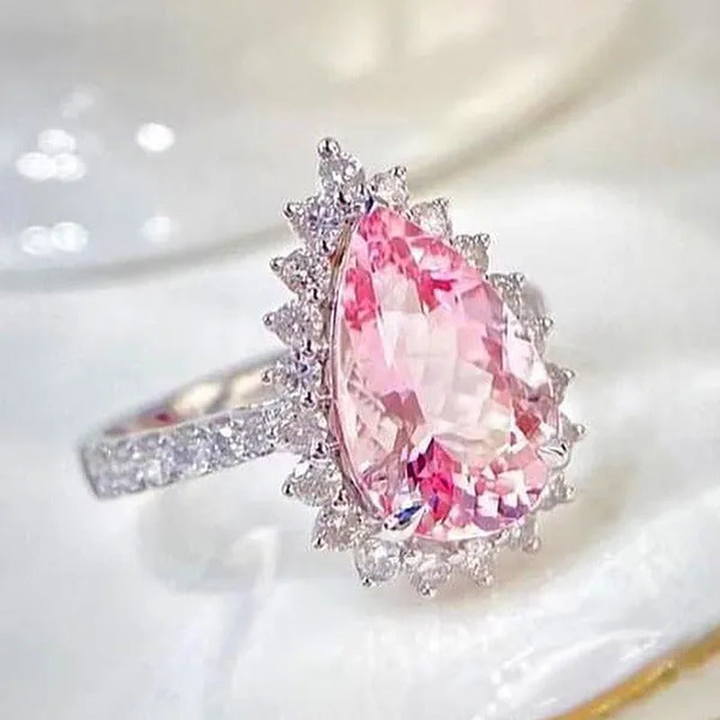 Luxurious High-Quality Flower Shaped Silver Inlaid Dazzling Pink Zircon Women'S