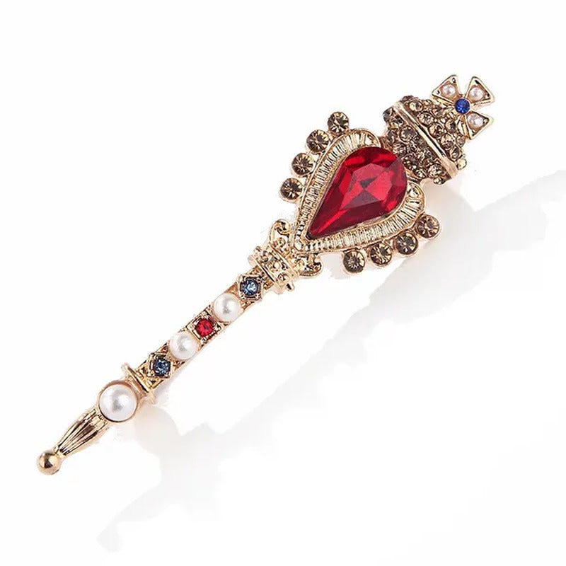Fashion Retro Baroque Crown Ruby Crystal Small Magic Wand Brooch for Men and Wom