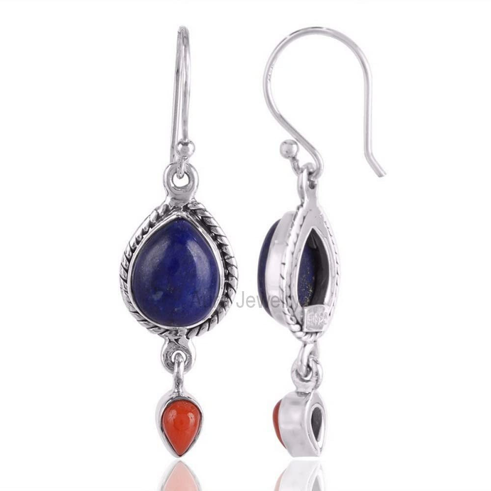 Solid 925 Sterling Silver Earrings for Women, Natural Lapis Lazuli, Coral Earrin