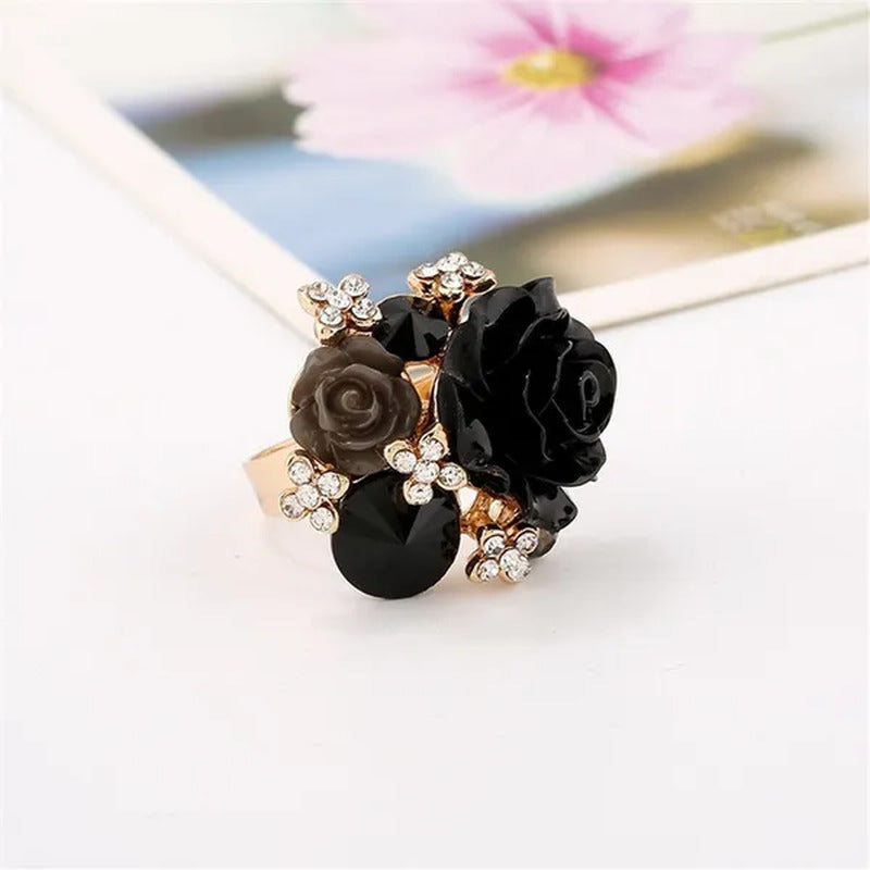 Women'S Fashion Hand Ornaments Inlaid Rhinestones Personality Resin Roses Flower