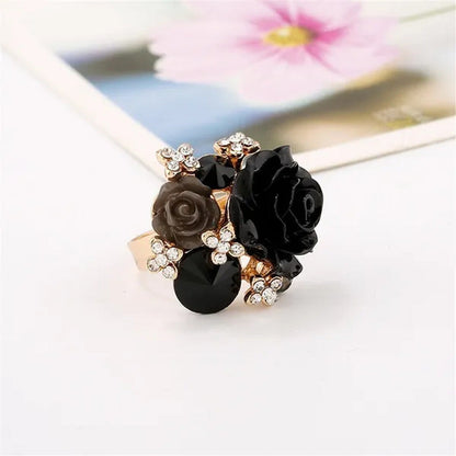 Women'S Fashion Hand Ornaments Inlaid Rhinestones Personality Resin Roses Flower