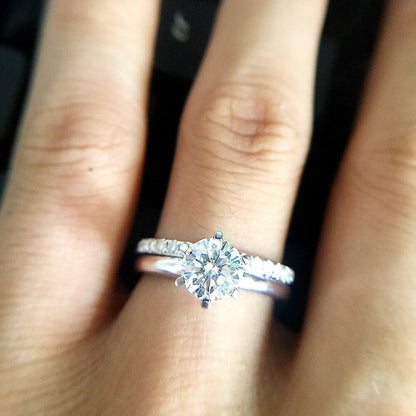 Solid 14K White Gold 0.8Ctw DF round Moissanite Engagement Ring Set Band Lab
