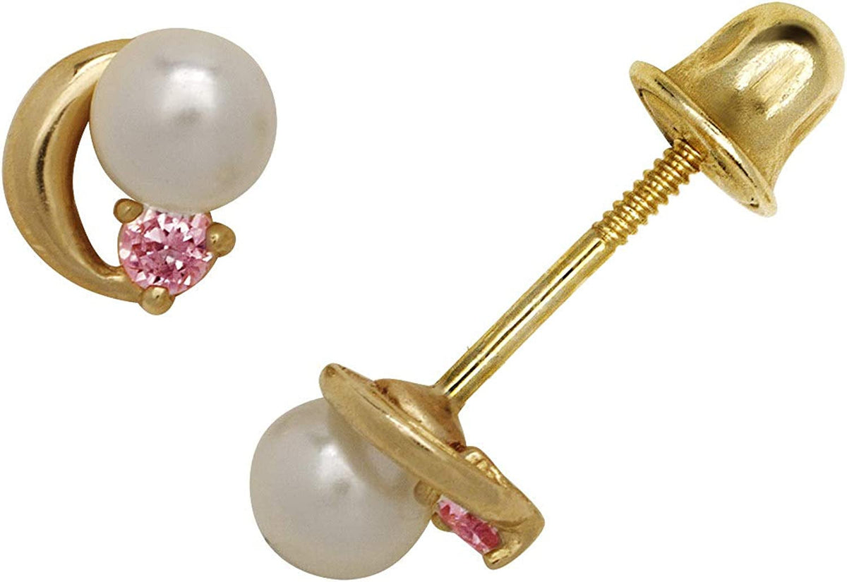 Jewelry Web Solid 14K Yellow Gold Small 5Mm Crescent Moon CZ and FW Pearl Screw-