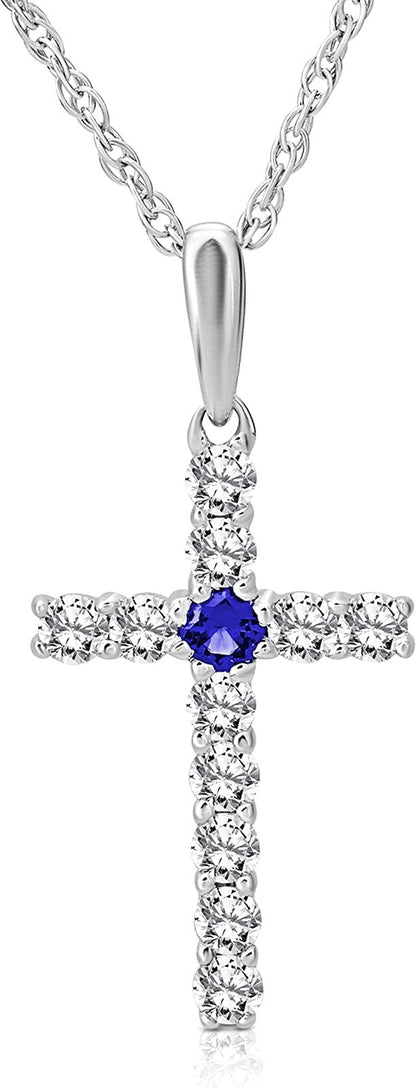 Sterling Silver Diamond and Gemstone Cross Pendant Necklace (1/4 Cttw, I-J Color