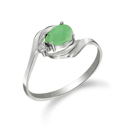 14K White Gold Ring with Natural Diamond and Pear-Shaped Emerald