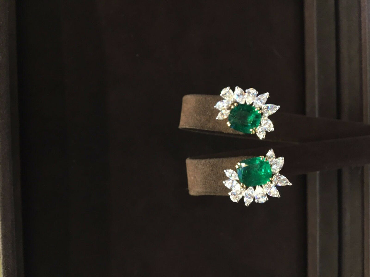 EMERALD TWO CUSHION SHAPE EARRING SET DIAMOND MARQUISE PEAR SHAPE PLATINUM