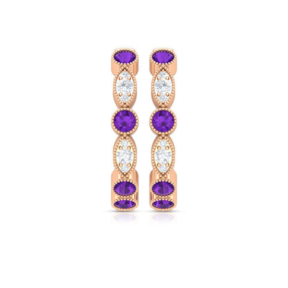 0.75 CT Amethyst and Diamond Hoop Earrings, Amethyst Vintage Earrings, Hoop Earr