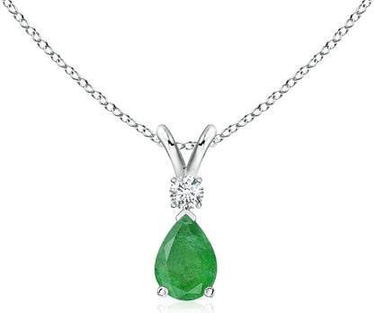 Natural Emerald Teardrop Pendant Necklace with Diamond for Women, Girls in Sterl