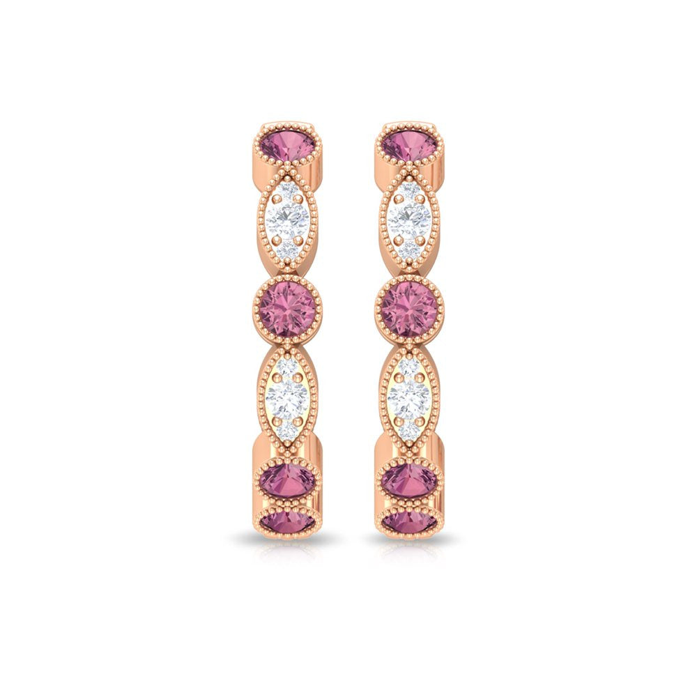 3/4 CT Pink Tourmaline and Diamond Hoop Earrings, Pink Tourmaline Vintage Earrin