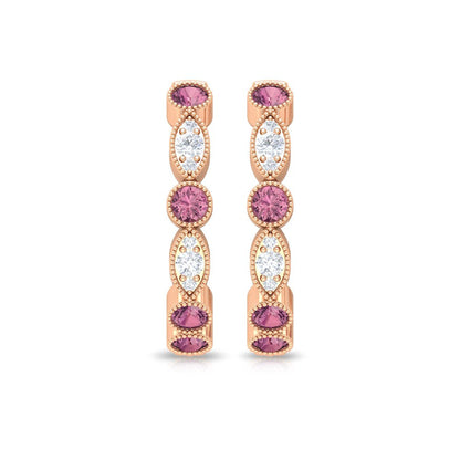 3/4 CT Pink Tourmaline and Diamond Hoop Earrings, Pink Tourmaline Vintage Earrin