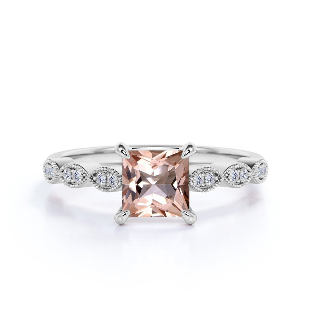 Beautiful 1.25 Carat Princess Cut Created Morganite and Diamond Engagement Ring