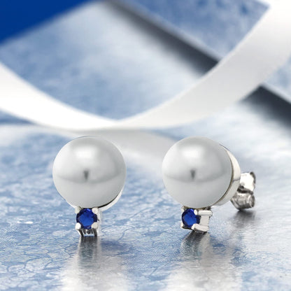 925 Sterling Silver 9MM Cultured Freshwater Pearl and round Blue Created Sapphir
