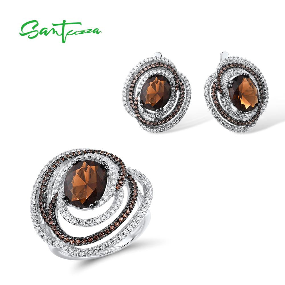 Jewelry Set for Woman Genuine 925 Sterling Silver Sparkling Brown Smoky Glass
