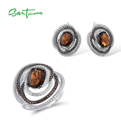 Jewelry Set for Woman Genuine 925 Sterling Silver Sparkling Brown Smoky Glass