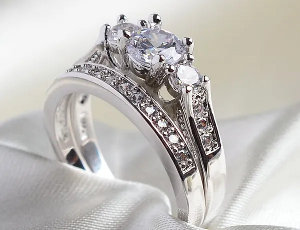 Sz6-9 10Kt Wedding&Engagement Ring Bridal Set White Gold Filled Three Stone CZ L