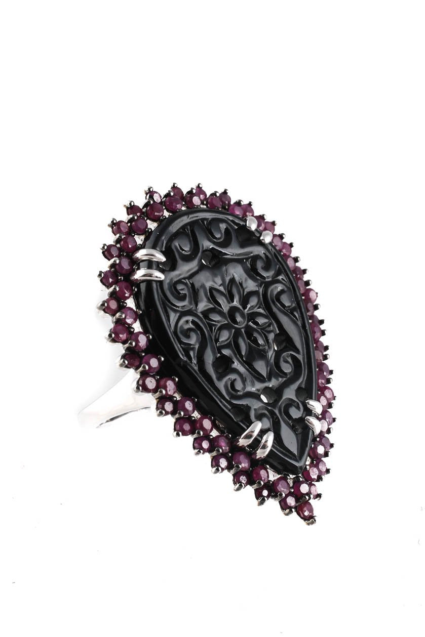 Pre-Owned| Sterling Silver Hand Carved Black Onyx Ruby Cocktail Ring Size 8