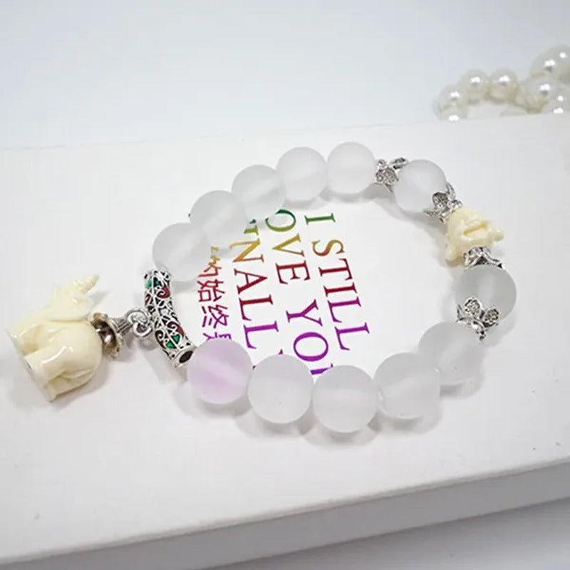 Elephant Frosted White Quartz Crystal Bead Bracelet Buddhism Elephant Pendant
